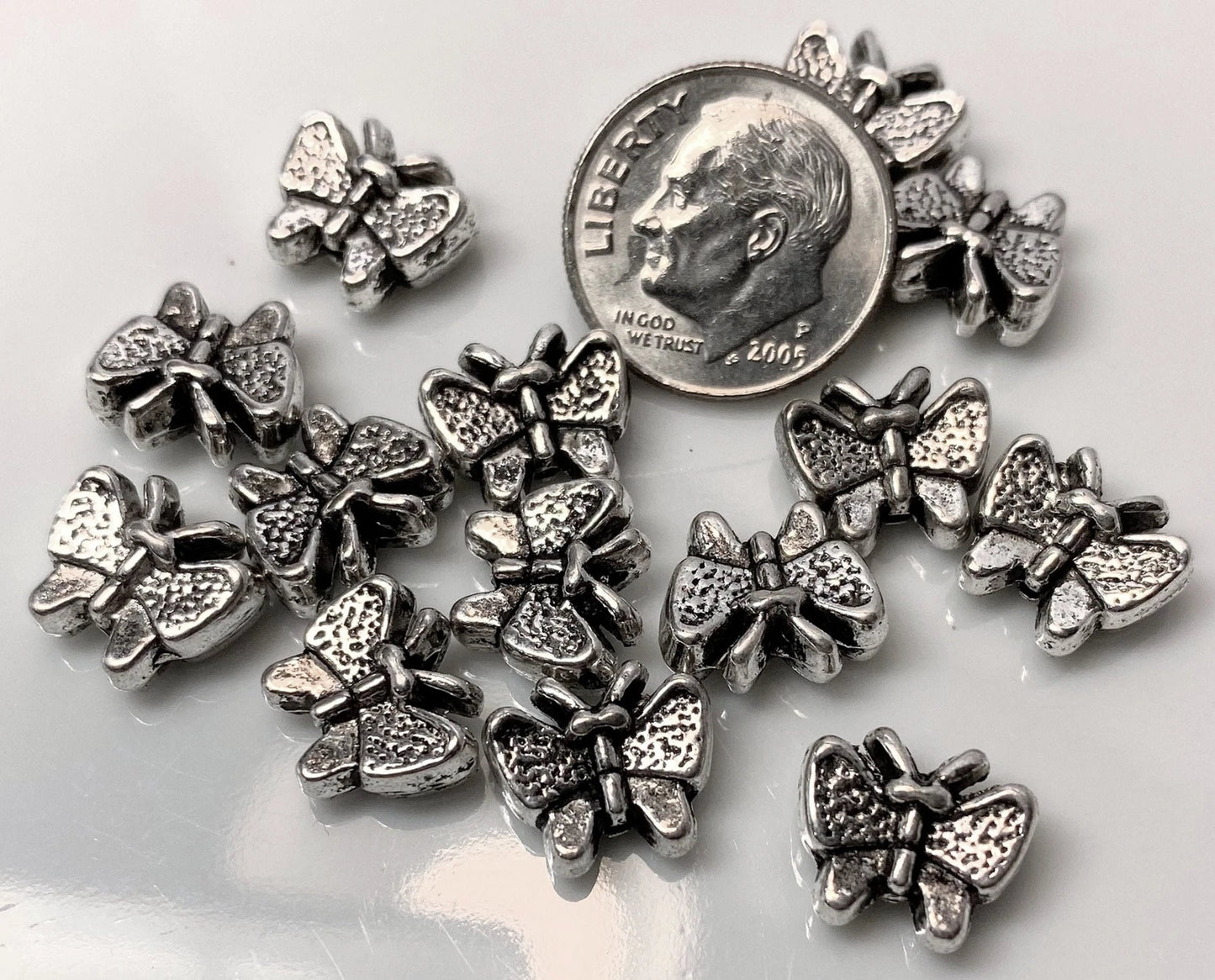 Antiqued Silver Plated Pewter 11x9mm Double Sided Butterfly Beads, 20 pcs