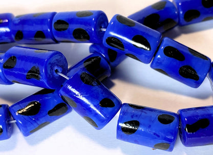 Lampwork Glass Opaque Blue with Black Polka Dots Tube Beads 16x10mm (approx. 25 pc)