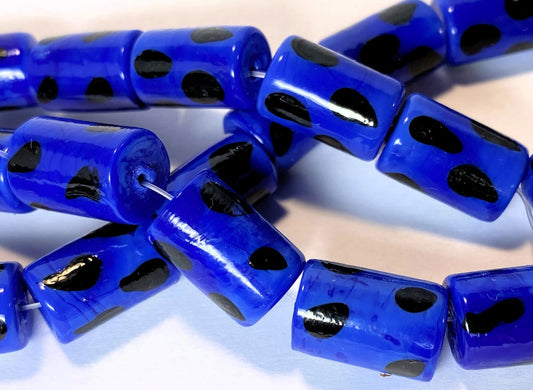 Lampwork Glass Opaque Blue with Black Polka Dots Tube Beads 16x10mm (approx. 25 pc)