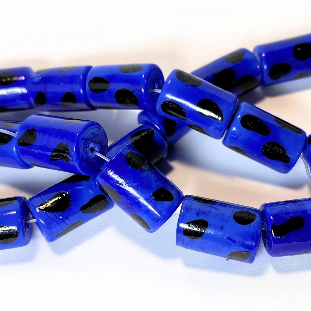 Lampwork Glass Blue & Black Polka Dot Tube Beads 16x10mm — 1 Strand