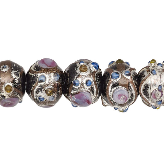 Lampwork Glass Rondelle Beads, Black with Silver & Gold Foil, 30 pcs