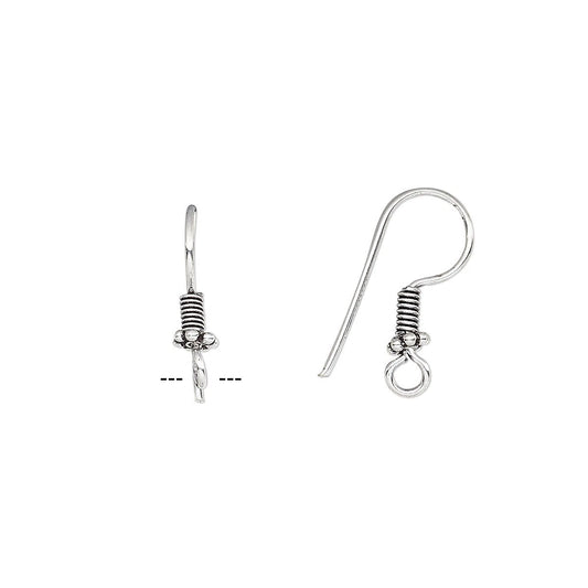Antiqued Silver Plated Copper Fishhook Ear Wires with Coil & Rondelle, 19mm, 25 Pairs