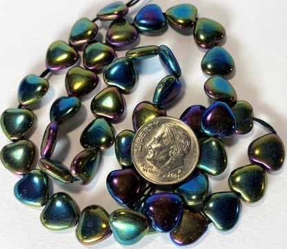 Czech Pressed Glass Iris Green FM Heart Beads, 10mm, 1 Strand (approx. 45)