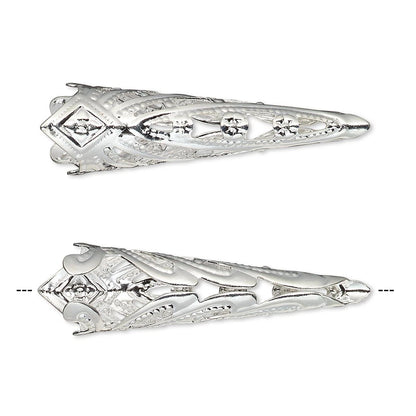 Silver Plated Brass Filigree Cone Bead Caps, 35x9mm, 6 pcs