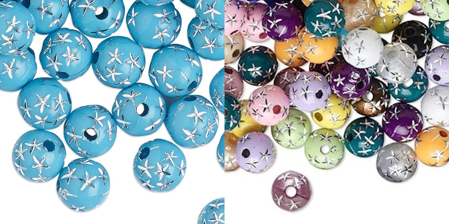 Acrylic Round Beads with Silver Stars, 8mm, 50g (approx. 160–180 pcs)