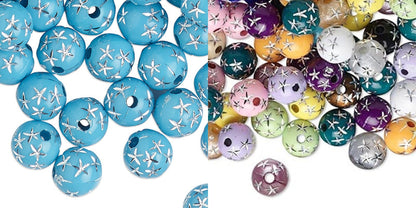Acrylic Round Beads with Silver Stars, 8mm, 50g (approx. 160–180 pcs)