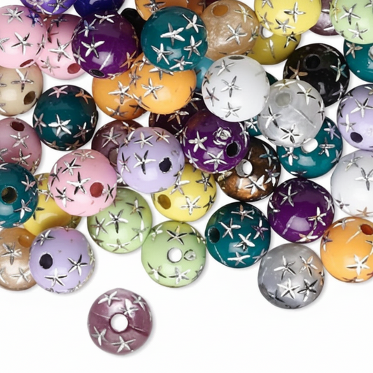 Acrylic Round Beads with Silver Stars, 8mm, 50g (approx. 160–180 pcs)