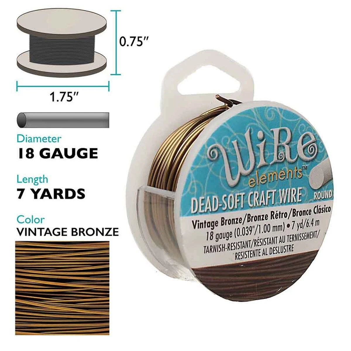 Beadsmith Non-Tarnish Vintage Bronze Round Wire, 18 Gauge (1.02mm), 7 Yards