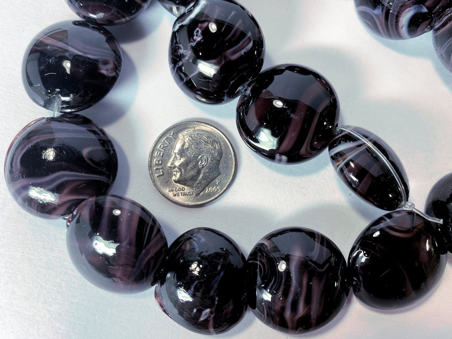 Lampwork Glass Dark Purple White Swirl 18-21mm Puffed Coin Beads, 1 Strand (approx. 19-21)