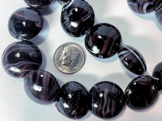 Lampwork Glass Dark Purple White Swirl 18-21mm Puffed Coin Beads, 1 Strand (approx. 19-21)