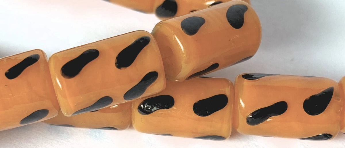 Lampworked Glass Orange & Black Polka Dot Tube Beads, 15-16mm, 1 Strand (approx. 25)