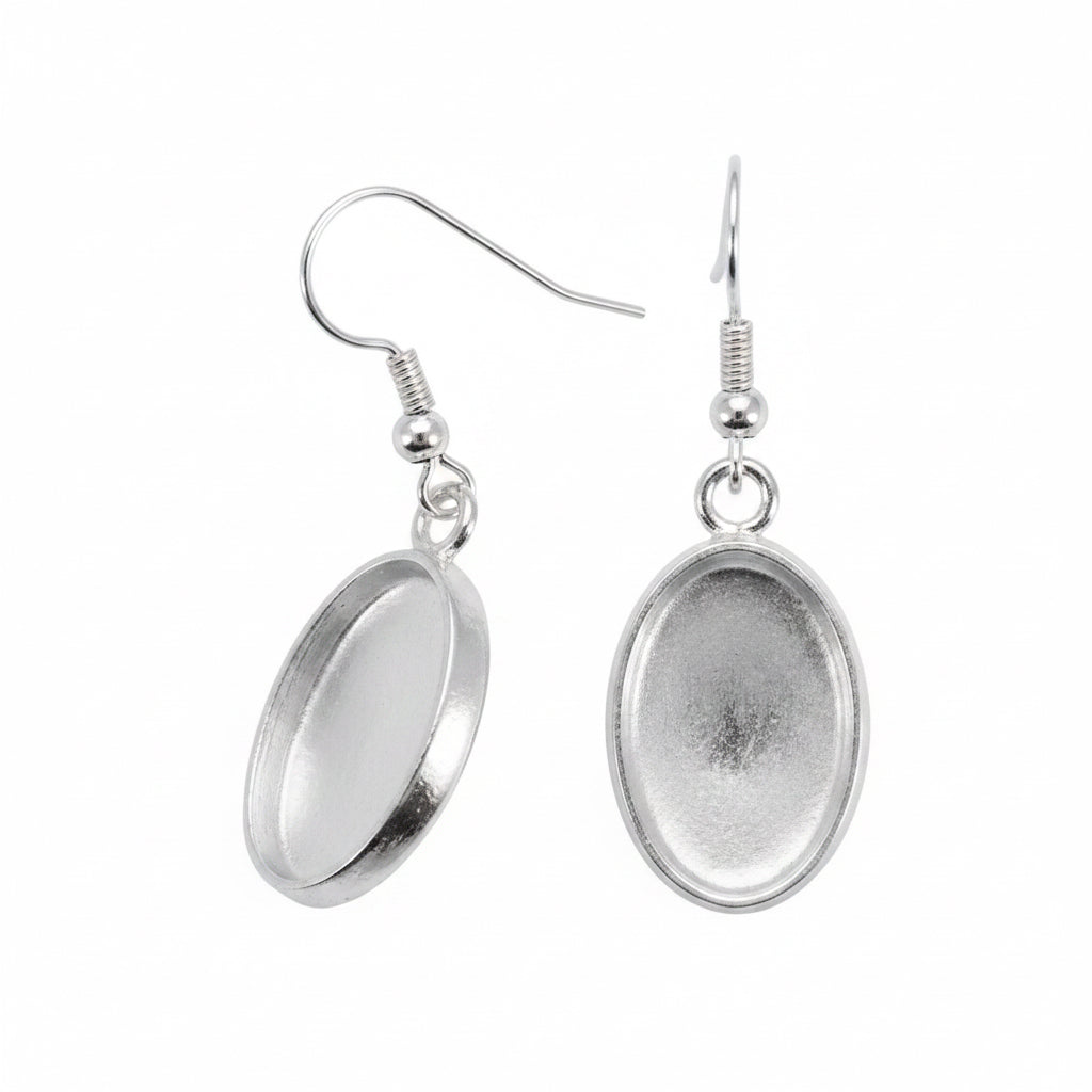Silver Plated 12x18mm Oval Dangle Earring Mounts with Fishhook Ear Wires, 1 Pair