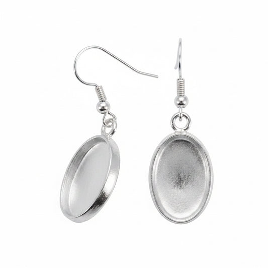 Silver Plated 12x18mm Oval Dangle Earring Mounts with Fishhook Ear Wires, 1 Pair