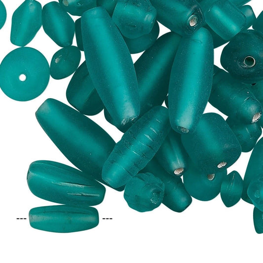 Glass Bead Mix, Matte Teal, Assorted Shapes 7x4mm–21x11mm, 50 Grams