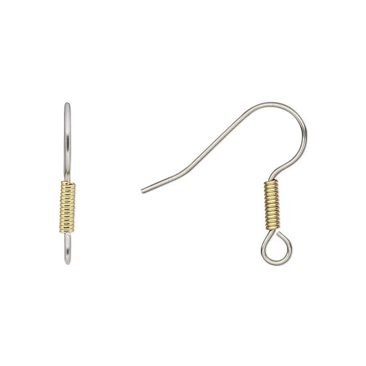 Stainless Steel Fishhook Ear Wires, 19mm, 21 Gauge, Gold Plated Brass Coil, 50 pcs