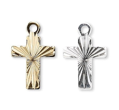 Gold and silver cross pendants on a white background