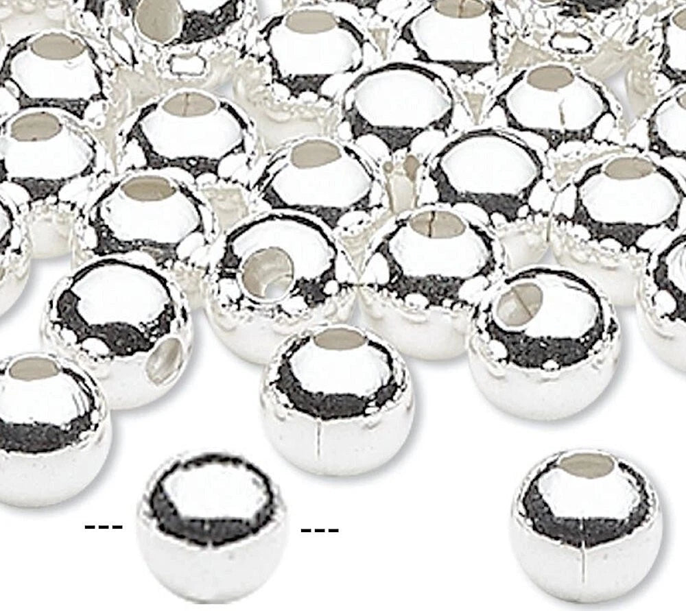 Silver Plated Brass 6mm Smooth Round Beads, Large Hole 3mm