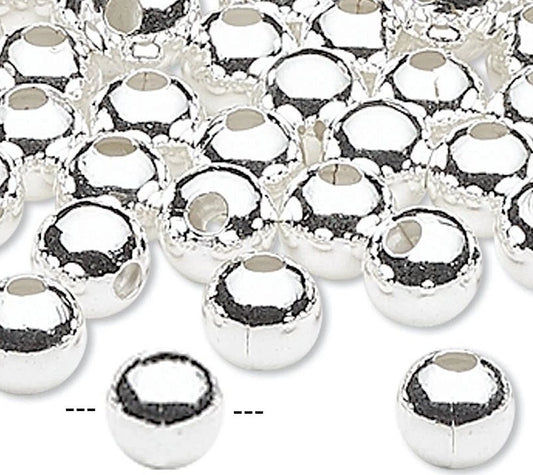 Silver Plated Brass 6mm Smooth Round Beads, Large Hole 3mm