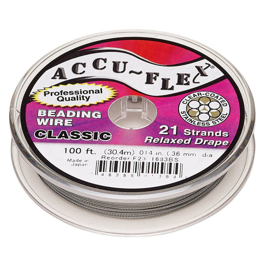Spool of Accu-Flex beading wire with purple label on a white background