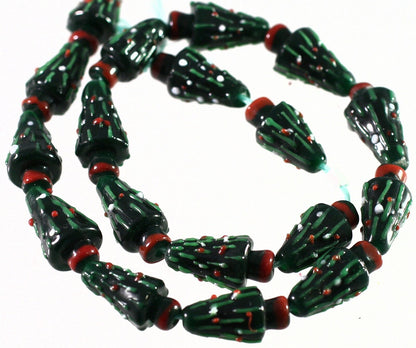 Lampwork Glass Dark Green 3D Christmas Tree 11x21mm Beads, 6 pcs