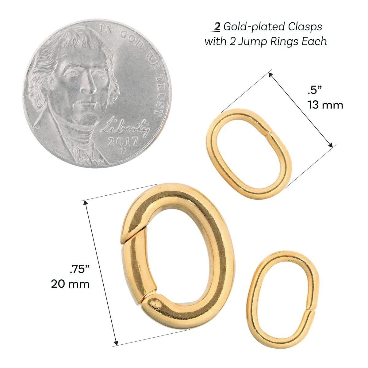 Clasp, 2 Large Gold Plated 20x16mm Self Closing Hinged Bail with Oval Jump Rings
