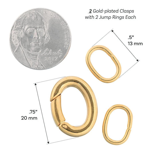 Clasp, 2 Large Gold Plated 20x16mm Self Closing Hinged Bail with Oval Jump Rings