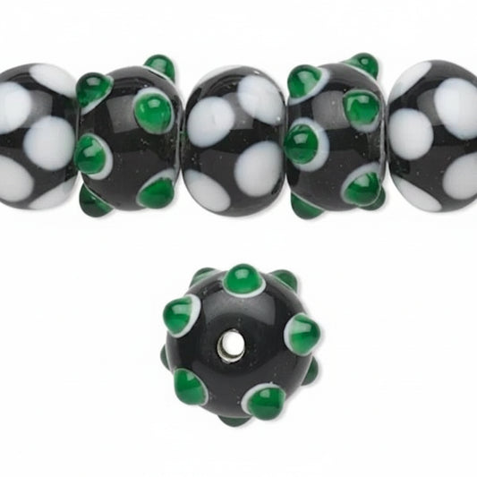 Lampwork Glass Bumpy Rondelle Beads, Black/White/Green, 20 pcs
