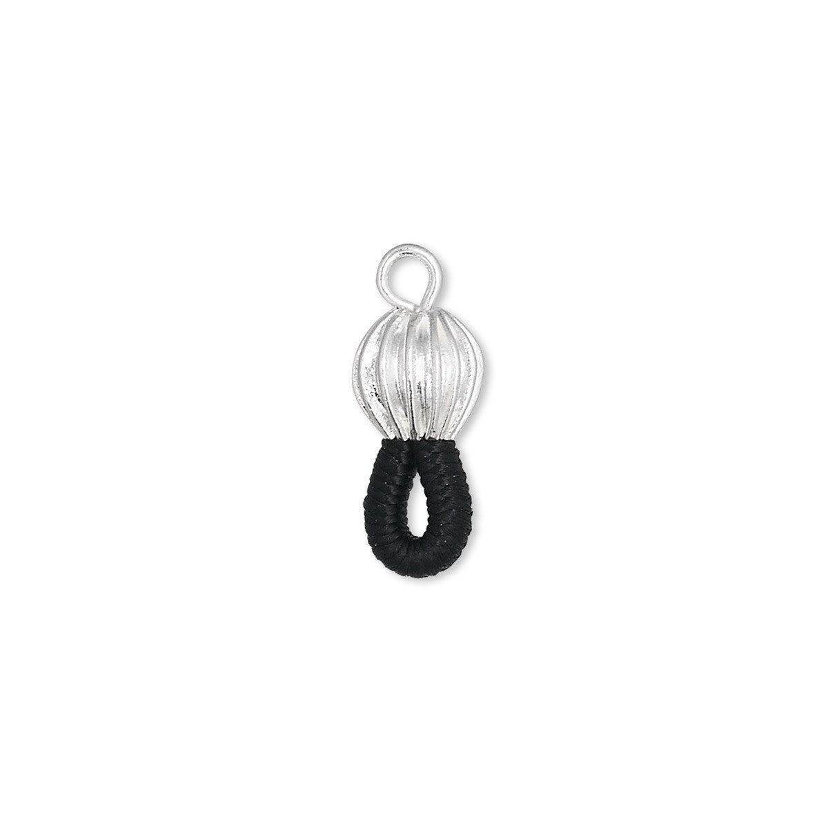 A small jewelry charm or pendant with a silver-toned textured top loop and a black twisted loop below, centered on a plain white background.