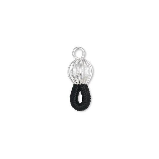 A small jewelry charm or pendant with a silver-toned textured top loop and a black twisted loop below, centered on a plain white background.