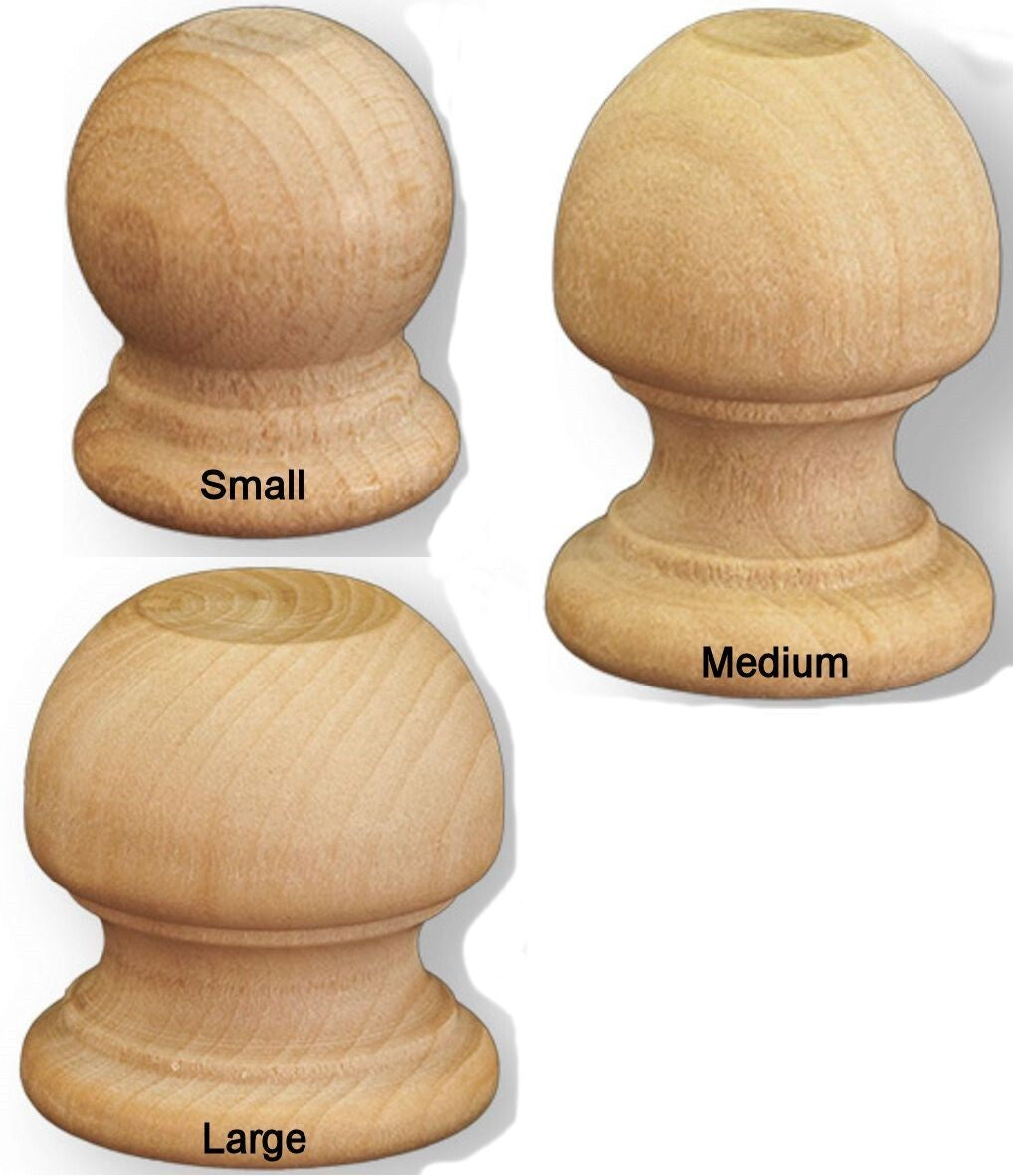 Three wooden finials labeled 'Small', 'Medium', and 'Large' on a white background.