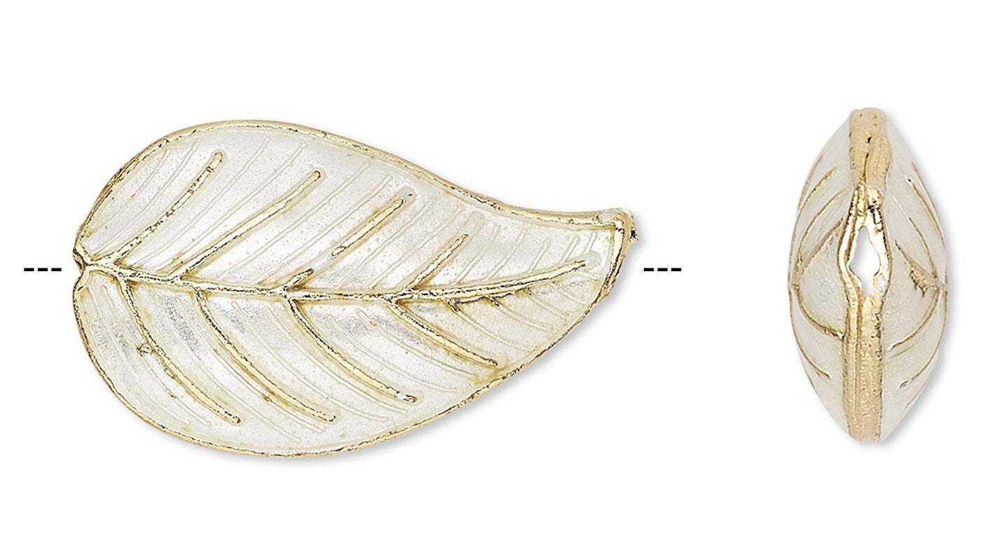 White Cloisonné Leaf Beads 27x16mm, 4 pcs