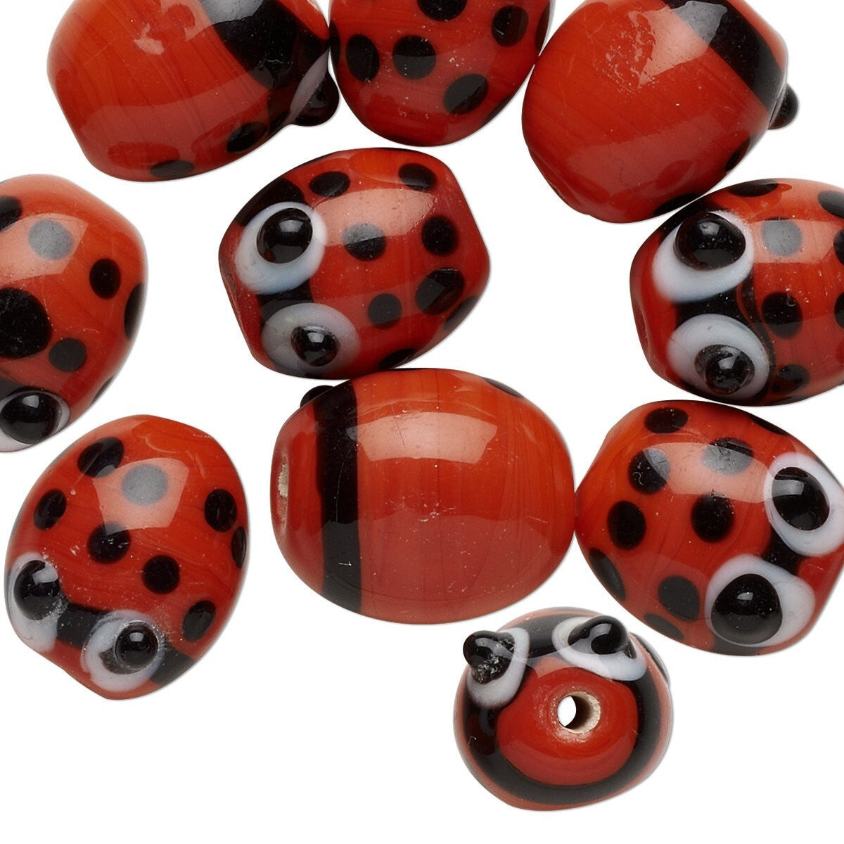 Lampwork Glass Red & Black Ladybug 14x13mm Beads, 10 pcs