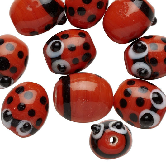 Lampwork Glass Red & Black Ladybug 14x13mm Beads, 10 pcs
