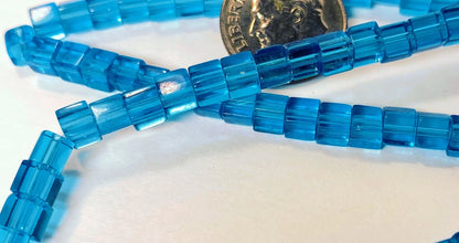 Dark Aqua Blue Transparent Glass Cube Beads, 4x4mm, 1 Strand (approx. 88)