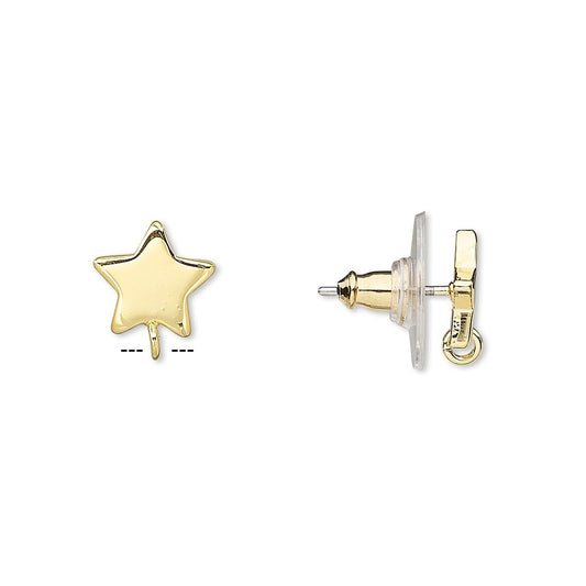 Gold Plated Steel Star Earring Posts 9mm, Closed Loop, with Ear Nuts — 2 Pairs