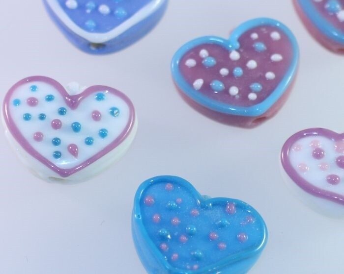 Lampwork Glass White Pastel Polka Dot 16x20mm Heart Beads, 6 pcs