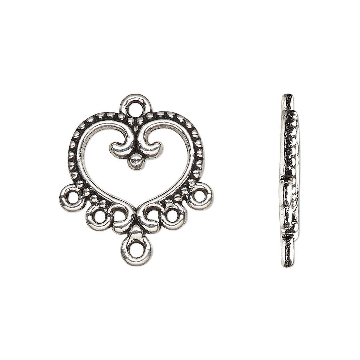 An antique silver heart-shaped decorative clasp shown from two angles: a front view displaying its ornate scrollwork and a side profile view showing the internal latch mechanism, set against a plain white background.
