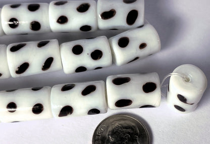 Lampwork Glass White Black Polka Dot 16x11mm Tube Beads, 1 Strand (approx. 25)