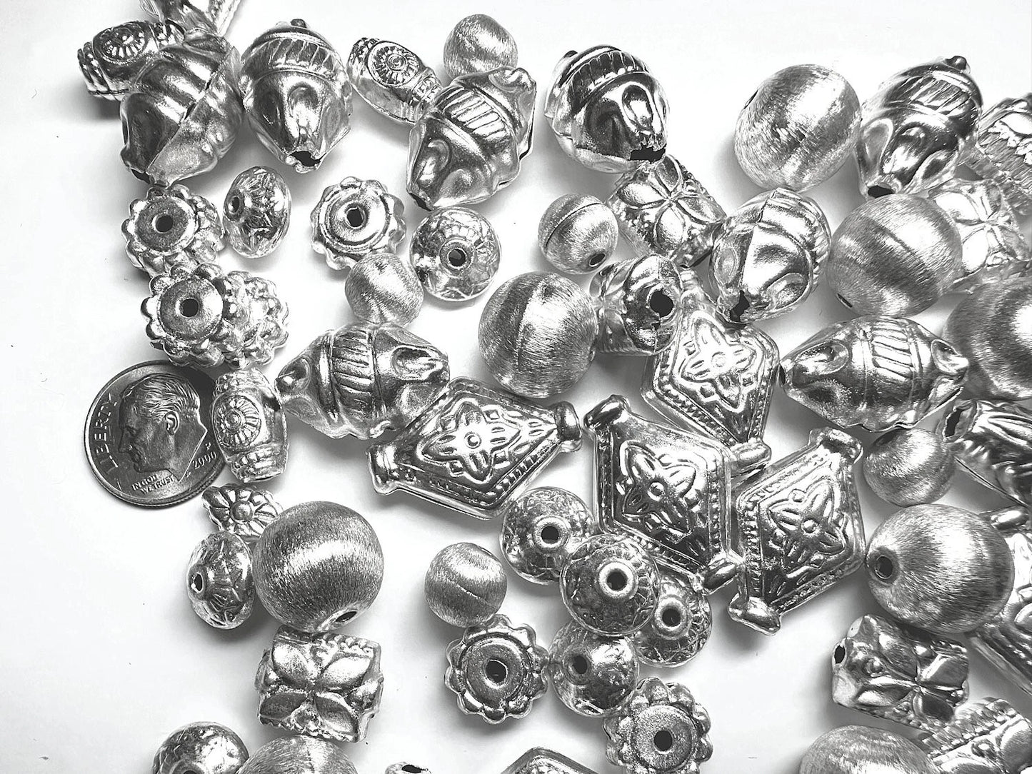 Silver Plated Brass Hollow Bead Mix, Assorted Shapes, 250g