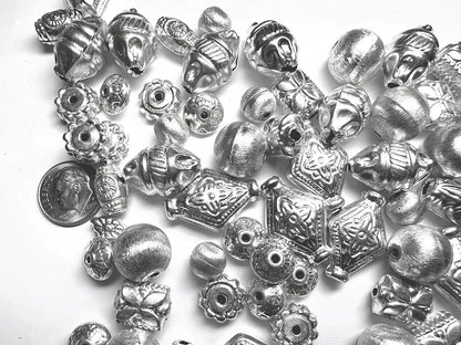 Silver Plated Brass Hollow Bead Mix, Assorted Shapes, 250g