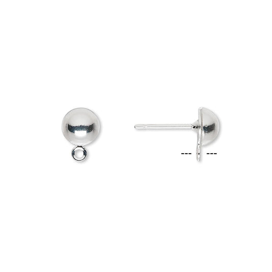 A pair of polished silver ball stud earrings shown on a plain white background, with one earring facing forward to display the round ball and loop, and the other shown in side profile.