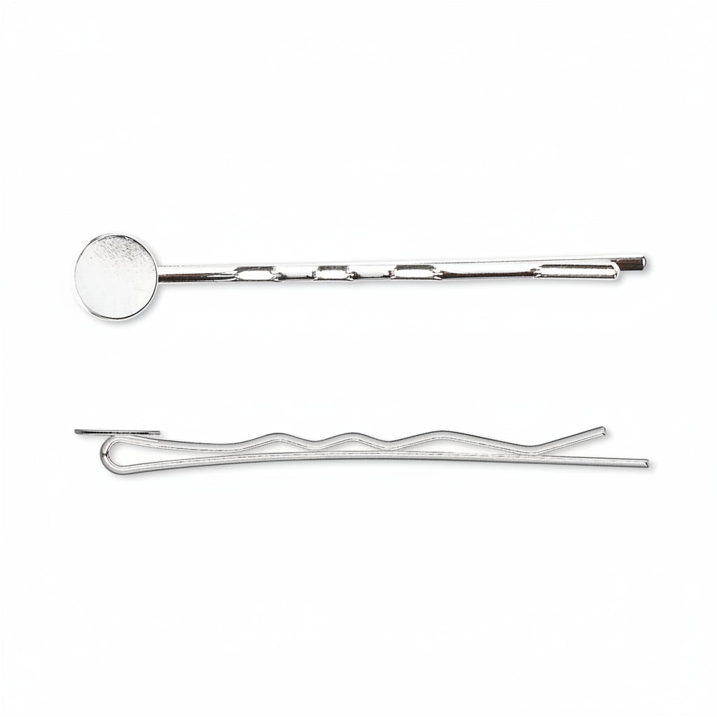 Silver Plated Brass Bobby Pin Hair Clips with Glue-On Pad, 63mm, 12 pcs