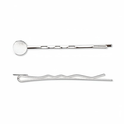 Silver Plated Brass Bobby Pin Hair Clips with Glue-On Pad, 63mm, 12 pcs