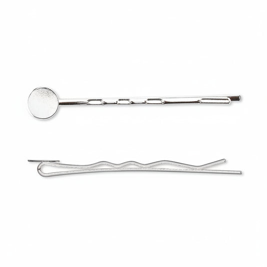 Silver Plated Brass Bobby Pin Hair Clips with Glue-On Pad, 63mm, 12 pcs