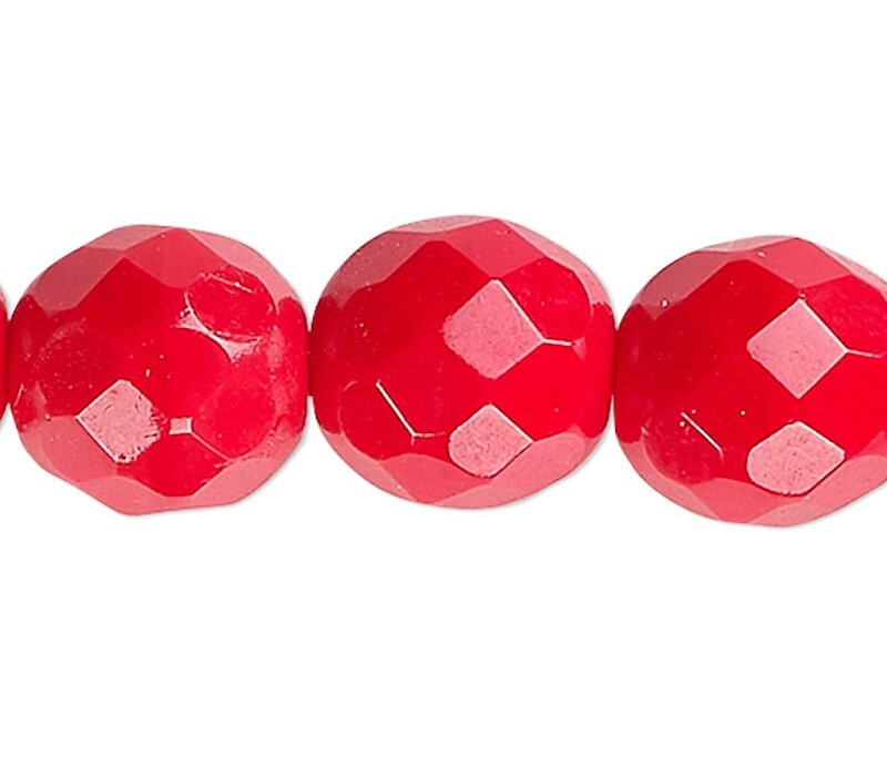 Czech Fire Polished Glass 8mm Faceted Round Beads Opaque Red (approx. 50 pc)
