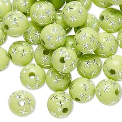 Acrylic Round Beads with Silver Stars, 8mm, 50g (approx. 160–180 pcs)