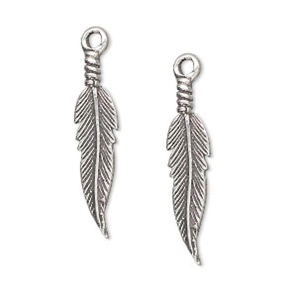 Feather Charm, Antiqued Sterling Silver 25x6mm, 2 pcs