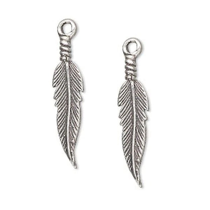 Feather Charm, Antiqued Sterling Silver 25x6mm, 2 pcs