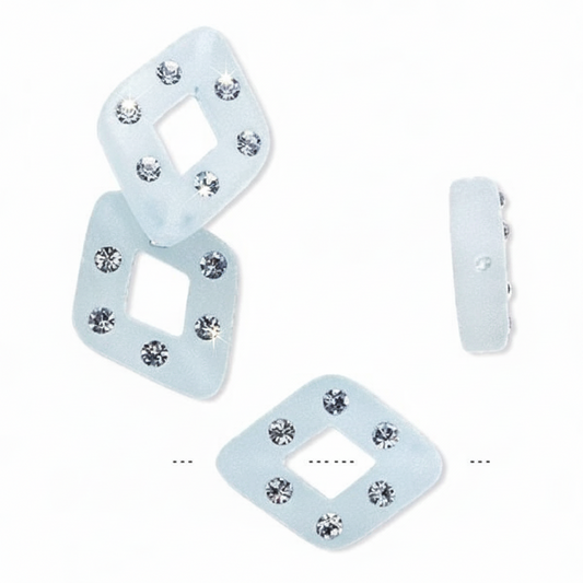Frosted Blue Resin Diamond Beads with Swarovski Crystals, 17x13mm, 4 pcs
