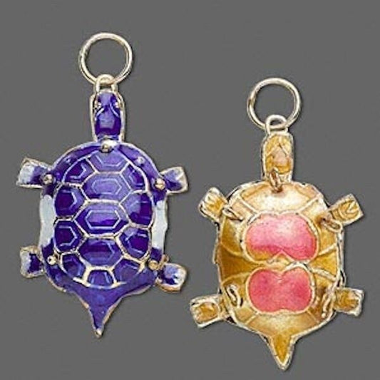 Dark Blue Cloisonné Turtle Charms 24x33mm, 2 pcs